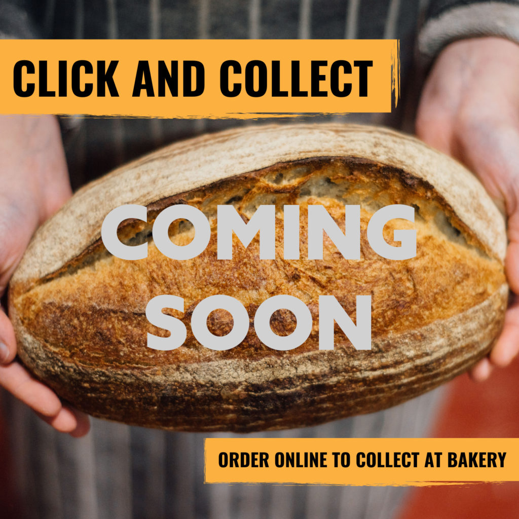 A photo of a pair of hans holding a loaf of white sourdough. The text overlay says click and collect, order online to collect at the baker, coming soon