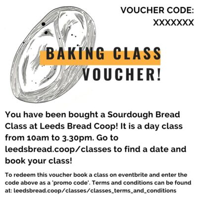 Image of a baking class voucher with a voucher code.